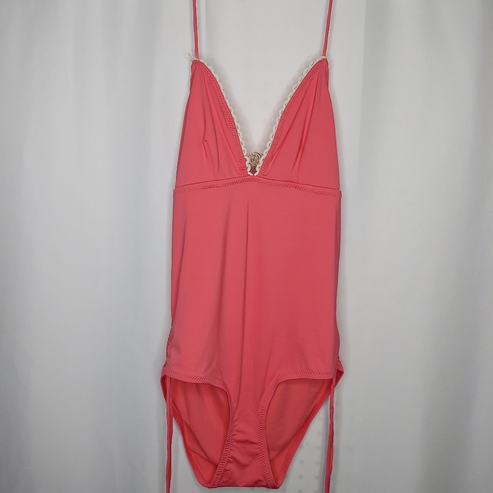 Juicy Couture Y2K Swimsuit One Piece Large Pink Lace Ruched Tassel Tie Vintage